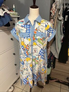 entro Blue Gingham & Lemon Print Short Sleeve Shirt Dress
